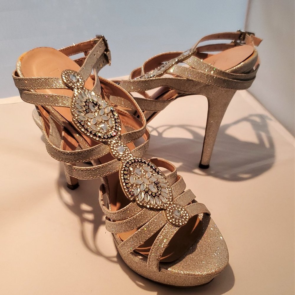 Women's Strappy Platform Heels Silver and Jewel  Accents Sexy Strapppy Heels